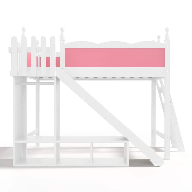 Twin Loft Bed with Storage Shelves and Wardrobe, Solid Wood Loft Beds with Detachable Slide and Ladders, No Spring Box Needed