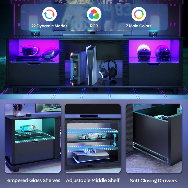 70'' Gaming TV Stand with Storage, LED Media Console - 70.87"W×13.78"D×23.03"H