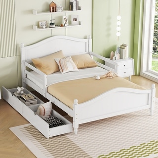Full Size Wood Platform Bed with Guardrails and Two Storage Drawers