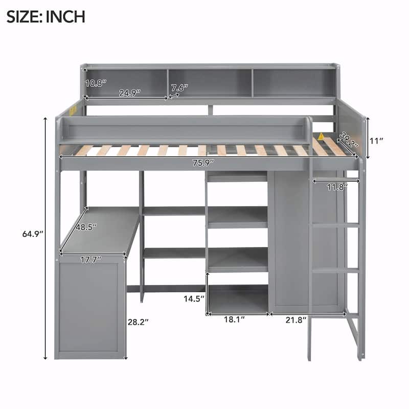 Wood Twin Size Loft Bed with Storage Shelves and Wardrobe