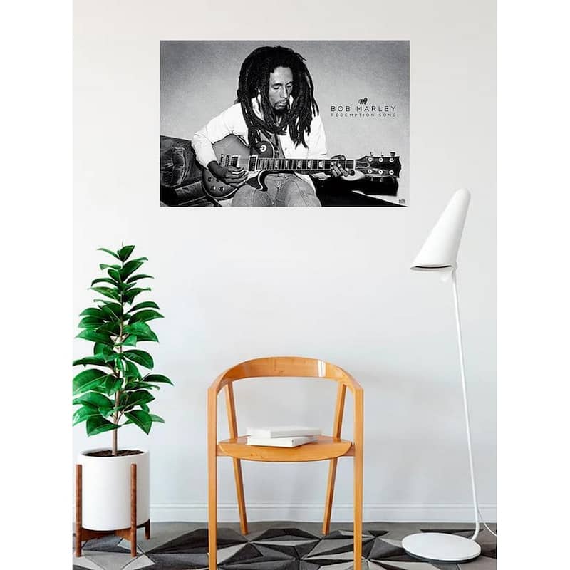Bob Marley Redemption Song Black and White Playing Guitar Art Poster - 24 x 36 Inch
