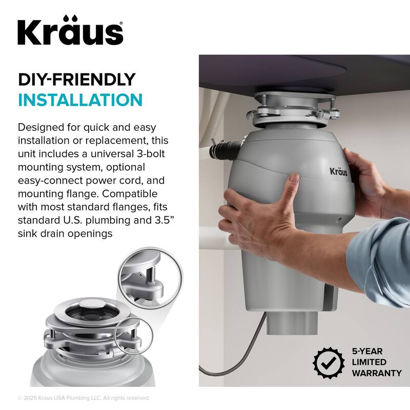 Kraus KWD201-100 WasteGuard 1 HP Continuous Garbage Disposal - Matte Cool Grey