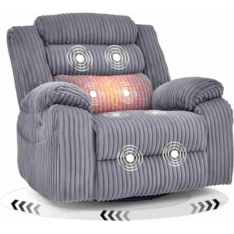 270° Swivel Velvet Recliner, Extra Wide Power Recliner Chair w/Heat Massage - USB & Type C Charging Port