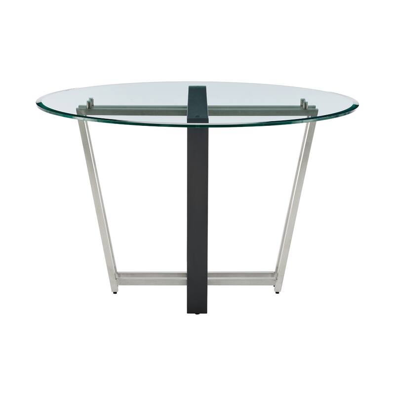 Sanaya Dining Table, 48 Inch Glass Top, Silver Steel, Black Iron - Black, Silver, Clear