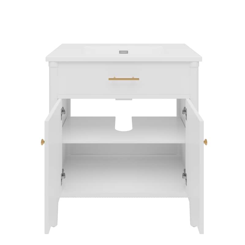 31 Inch Bathroom Vanity with Sink Soft Close Doors Adjustable Shelf Rubber Wood Legs, Curved Profile Design