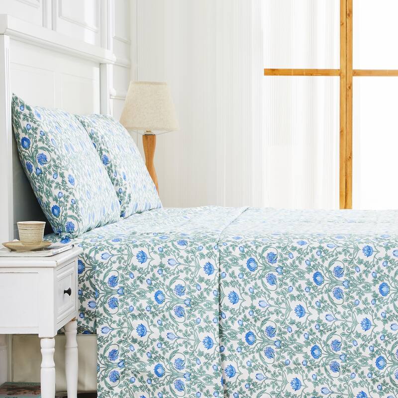 Printed Design Cotton Collection 400 Thread Count Blue Floral Crafted Sheet Set and Pillowcases