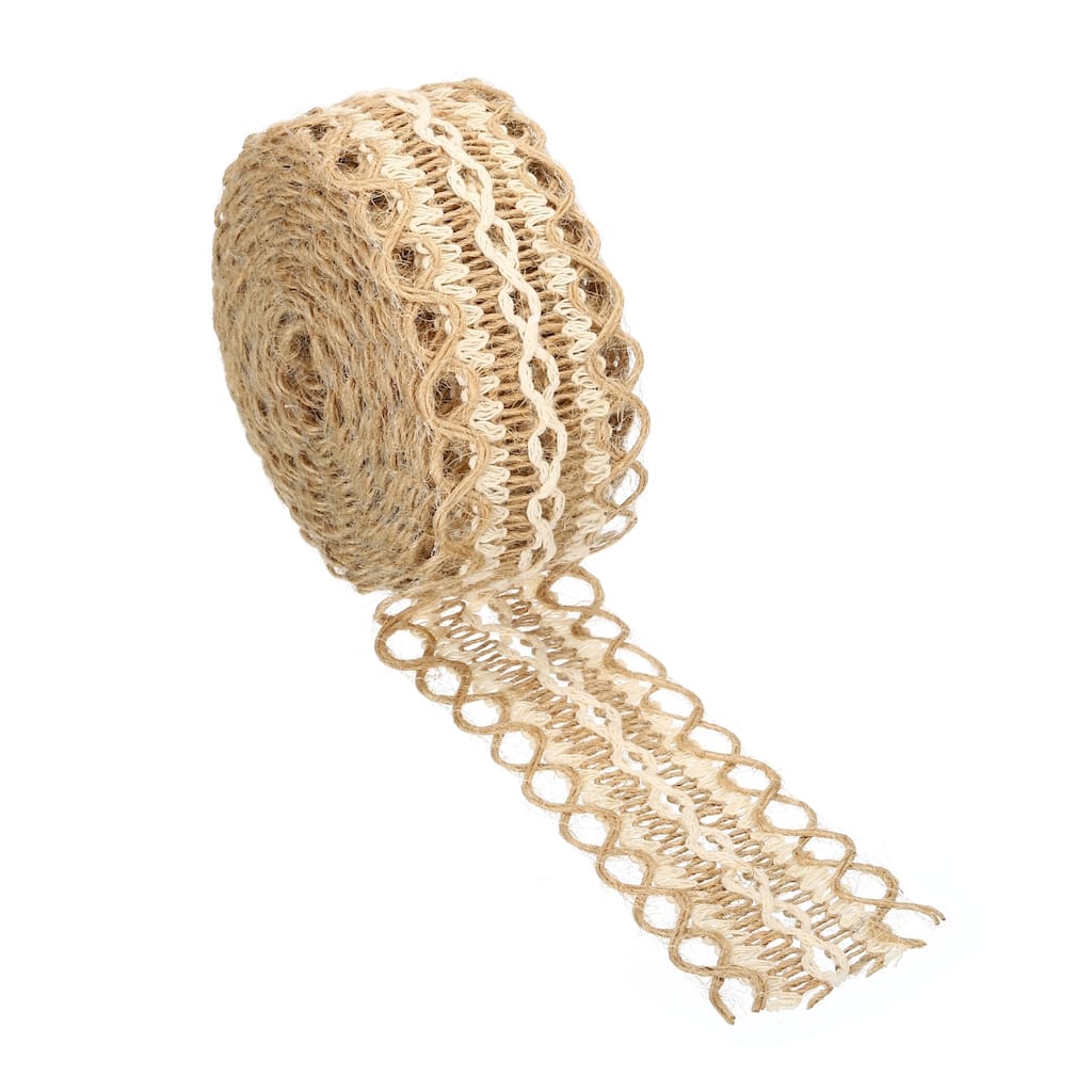 1.5" Wide 11 Yards Burlap Fabric Ribbon Natural Wire Jute Crafts Roll - Khaki/White