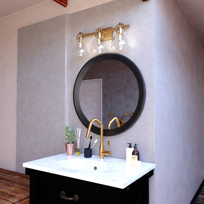 Ogden 3-Light 25.5 in. W Gold Bathroom Vanity Lighting Fixture, Clear Glass Shade, Dimmable, LED Compatible, Wall Mount