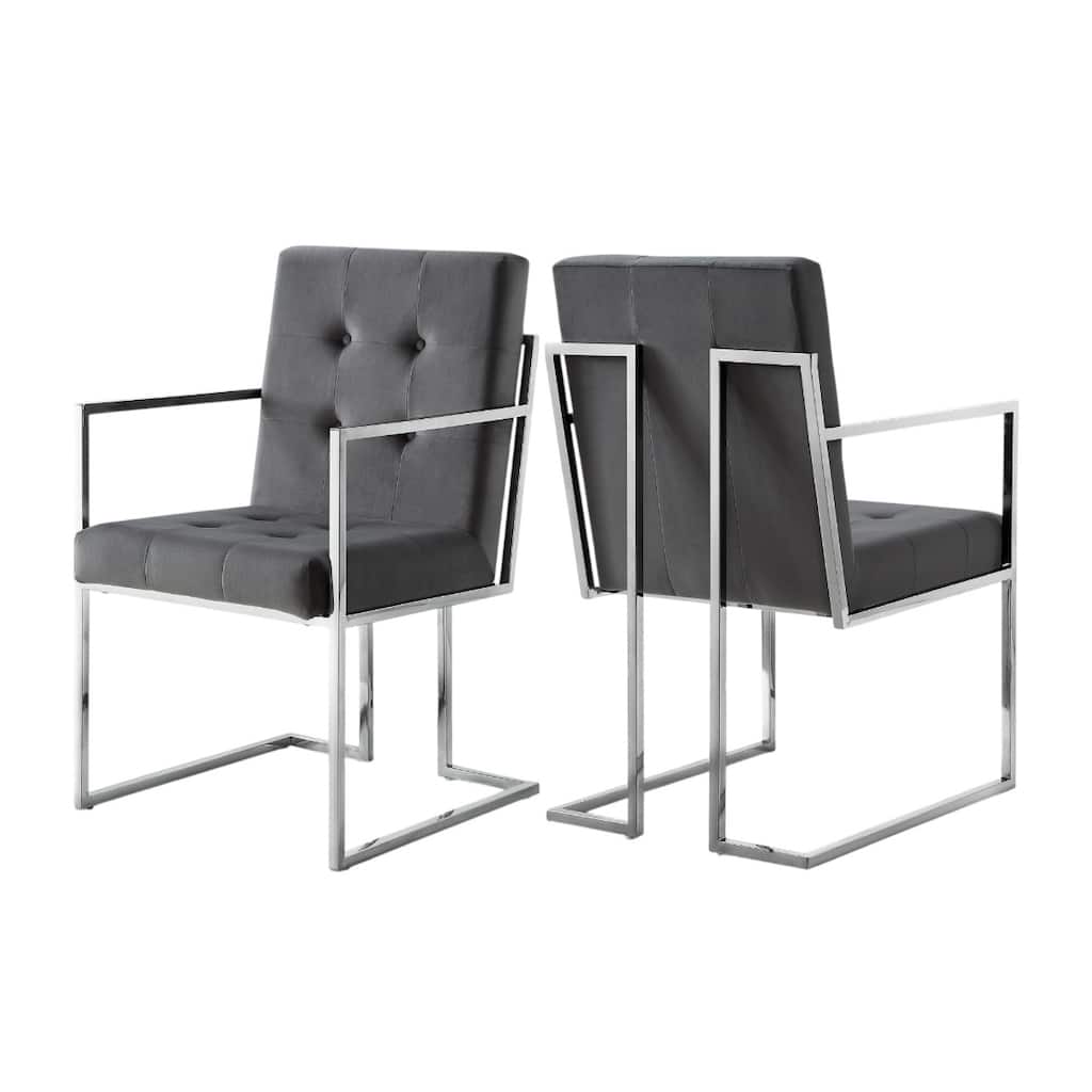 Set of 2 Modern Upholstered Arm Dining Chairs with Tufted Solid Back Steel Legs for Dining Room - 36.3”H x 20.9”W x 27.2”D