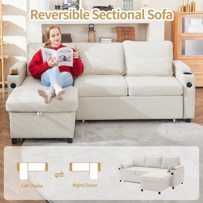 80" L-Shaped Sofa Couch Bed, Sofa Sleeper with Pull Out Bed, Reversible Sleeper Sofa Bed
