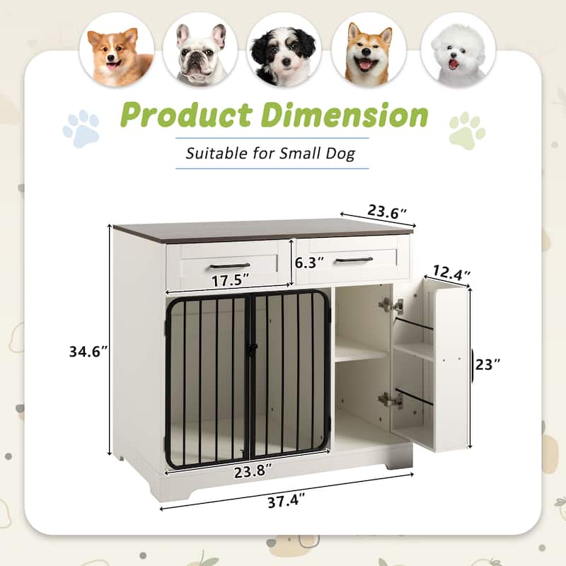 37.4" Dog Crate Furniture, Indoor Dog Kennel with 2 Drawers and Storage Cabinet, Modern Furniture Dog Crate Side End Table