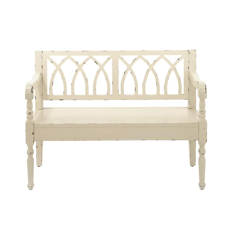 Wood Distressed Bench with Arched Design Back and Turned Legs - Black or White - Roche River Decor - White