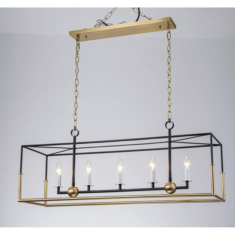Geometric 5-Light Modern Black and Brass Rectangular Pendant Light for Dining Room