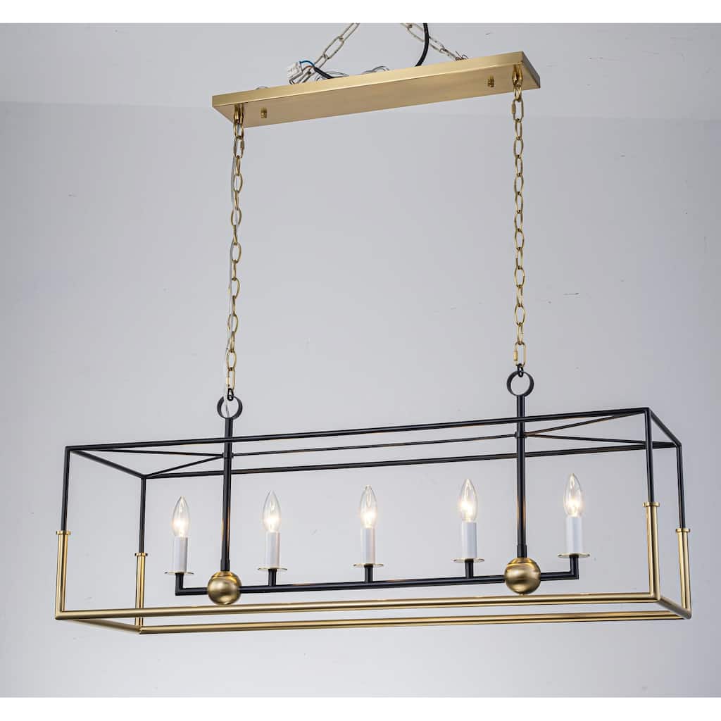 Geometric 5-Light Modern Black and Brass Rectangular Pendant Light for Dining Room