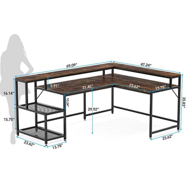 dimension image slide 1 of 4, L Shaped Desk with Monitor Shelf, Reversible Corner Computer Desk for Office Home 69"