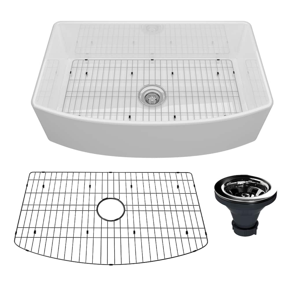 33 in. Farmhouse/Apron-Front Single Bowl Fireclay Kitchen Sink with Curved Design, Bottom Grid and Strainer, cUPC Certified
