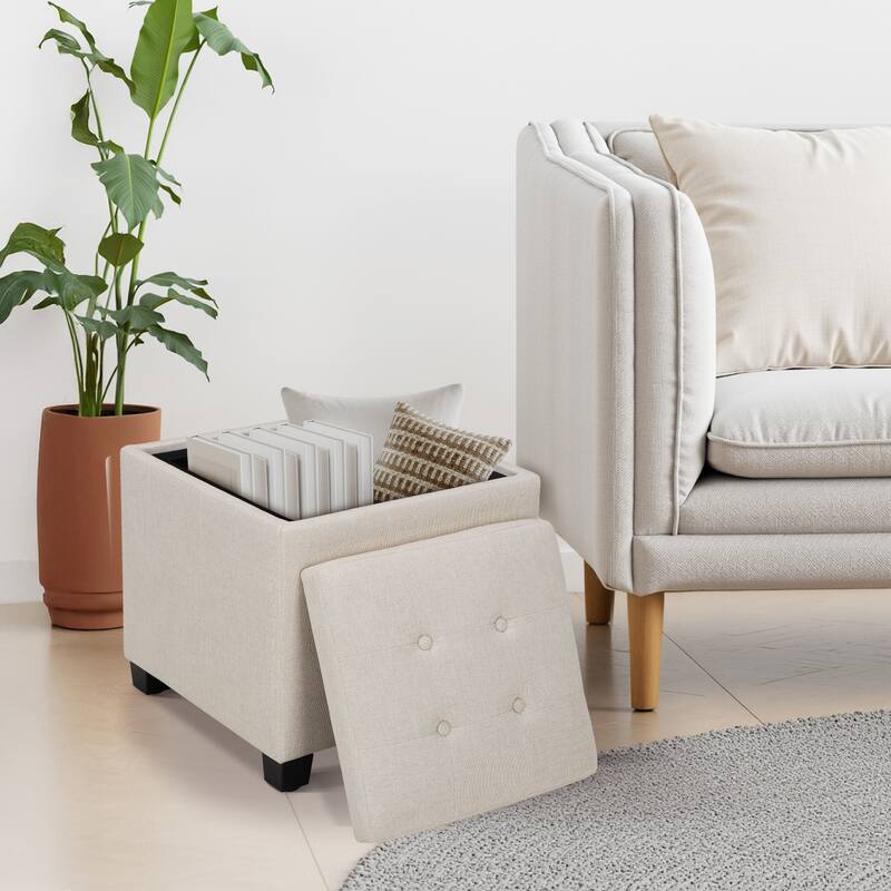 ​18" Square Storage Ottoman with Tray - 250LBS Weight Capacity, Leather Upholstered Footstool for Living Room