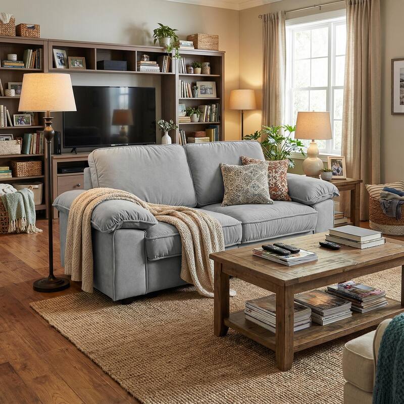 Roomfitters Modern Overstuffed Upholstered Sofa with Hidden Storage and Padded Arms, Comfy Loveseat for Small Space