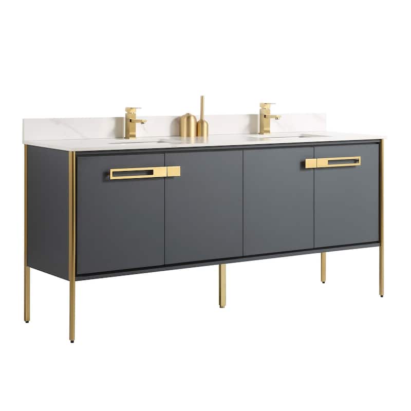 Fine Fixtures Oakville Bathroom Vanity with White Ceramic Sink - 72 Inch - Onix Grey - Satin Brass Hardware