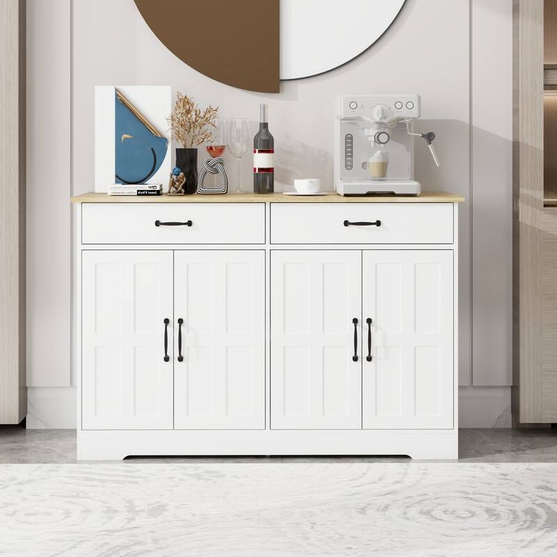 47.95" Farmhouse Buffet Cabinet Storage Sideboard with 2 Drawers and 4 Doors for Dining Living Room Kitchen Cupboard-White  - White