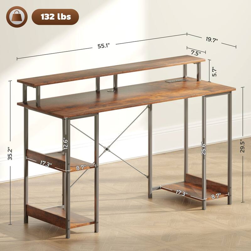 Rustic Brown Gaming Desk with Dual USB Port and Adjustable Monitor Stand Cable Management