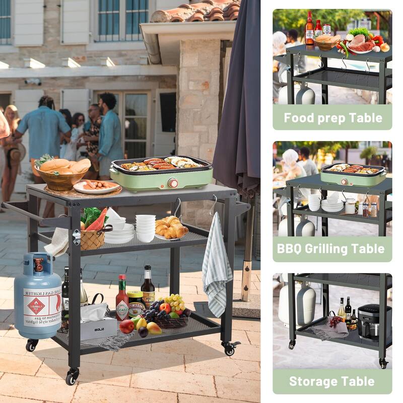 GDFStudio - Kendrick 3-Tier Outdoor Grill Table with Rolling Wheels and Multifunctional Prep Surface