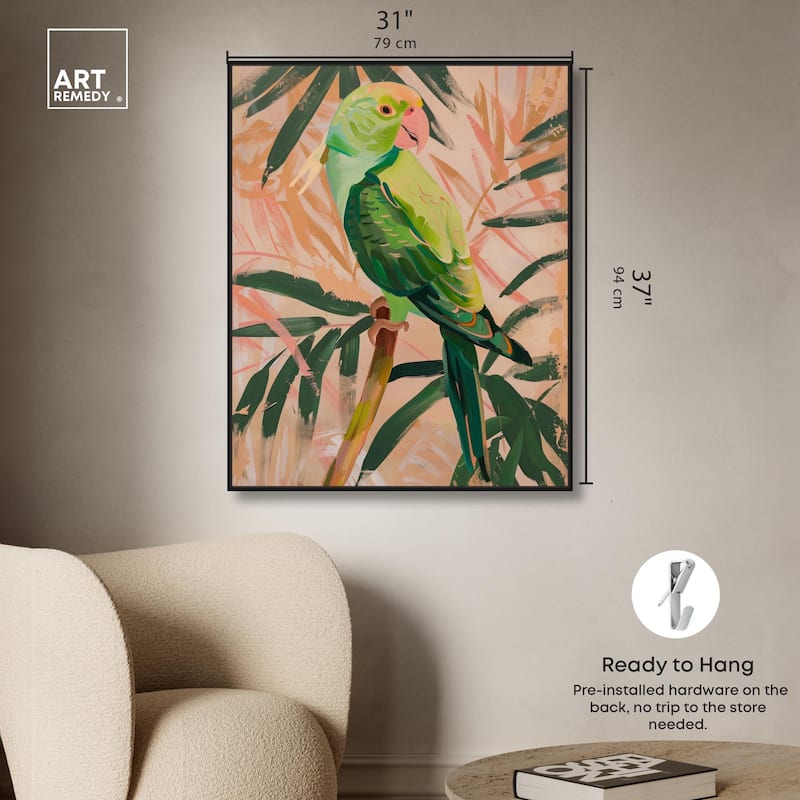 Coral and Green Parrot Canvas by Art Remedy