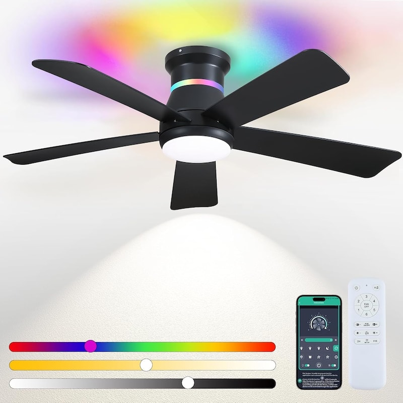 Kviflon 46 Inches RGB Flush Mount Ceiling Fan with Light and Remote,DC Motor,for Living Room Bedroom - 46 Inches - Black