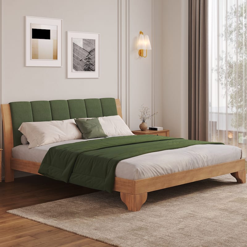 Roomfitters Pine Wood Bed Frame with Headboard, Mid Century Modern Sturdy Platform Base & Wood Slats - King - Green,Natural