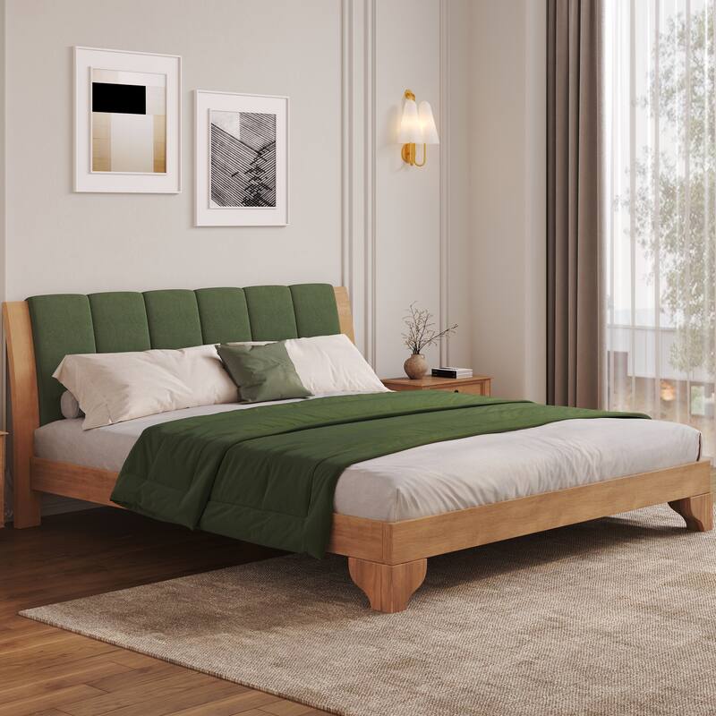 Solid Pine Wood Bed Frame, Mid Century Modern Platform Bed with Upholstered Headboard, No Box Spring Needed