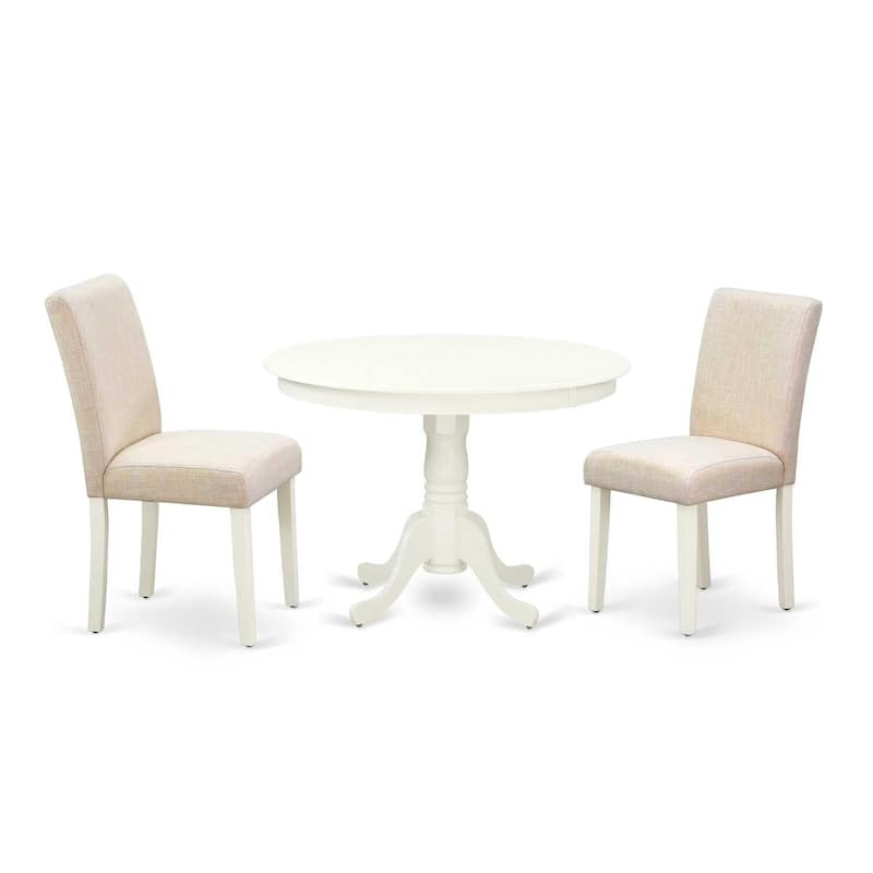 Vintage Round Kitchen Table Set - 3pc Table & 2 Chairs - Linen White Legs - Light Beige Fabric