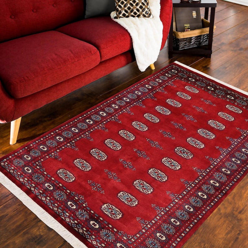 Tribal Bokhara Mercedes Red Blue Hand Knotted Rug - 4'1'' x 6'1''