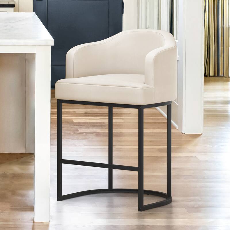 Modern 26.in Barstool Fabric/Leather Upholstered Counter Height Stool with Metal Frame for Kitchen Island - Ivory/Faux Leather