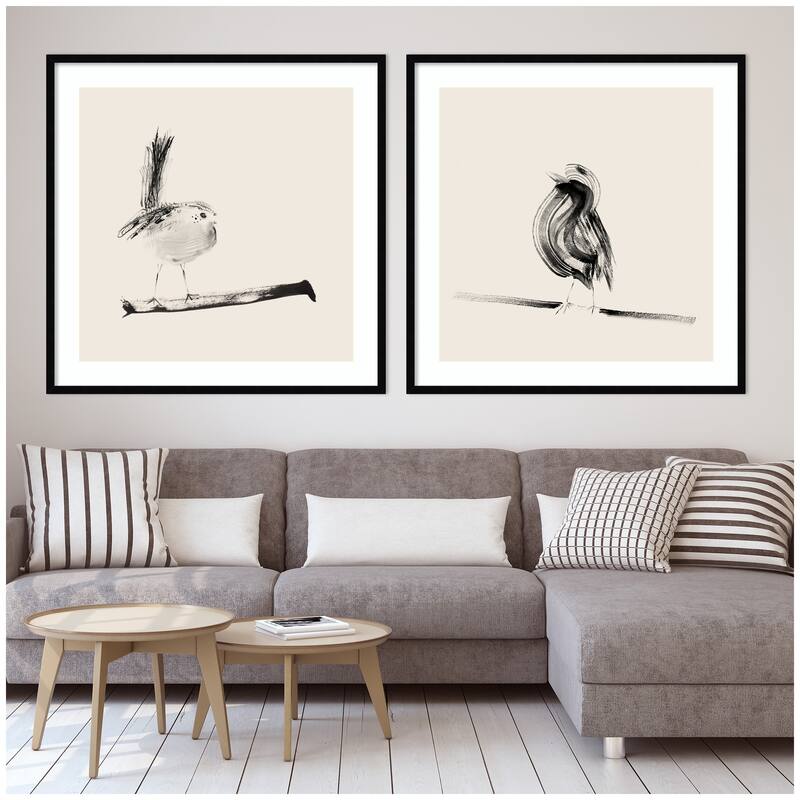 Kate and Laurel Sketched Bird On Branch 2 Piece Framed Wall Art Print Set by Danushka Abeygoda