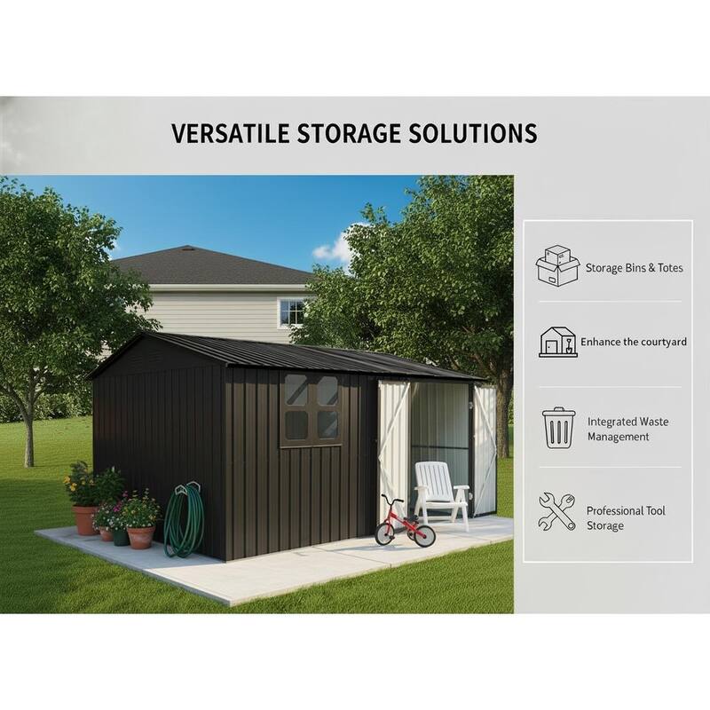 12x10 ft Metal garden sheds outdoor storage sheds black with window with Goods Shelves
