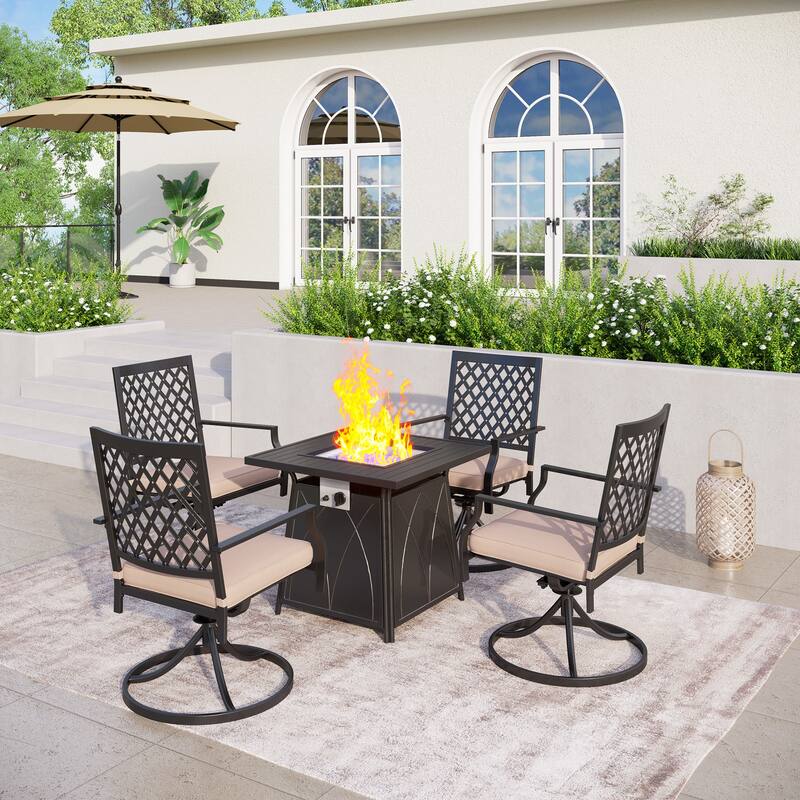 MAISON ARTS 5-Piece Patio Furniture Propane Fire Pit Set, 4 Metal Mesh Swivel Chairs and Square Fire Table - Black