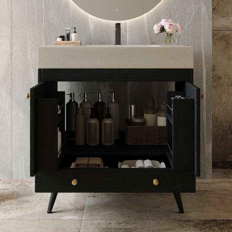 Contemporary 30" Freestanding Bathroom Vanity with Faux Marble Top & Ceramic Sink, Double Door Cabinet