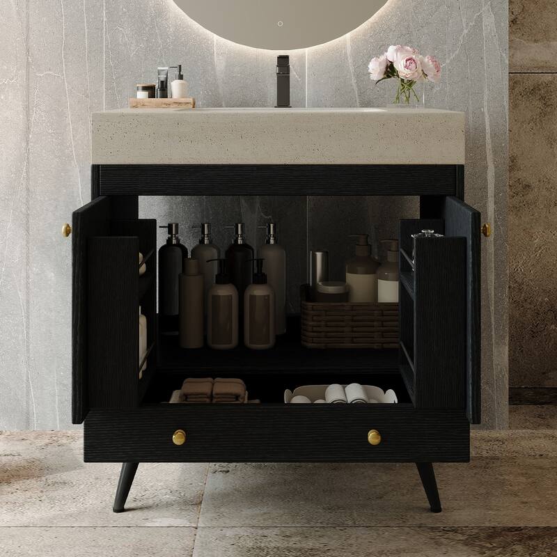 Free-standing Bathroom Vanity with Faux Marble Top & Ceramic Sink, 30" Double Door Storage Cabinet, Waterproof Engineered Wood
