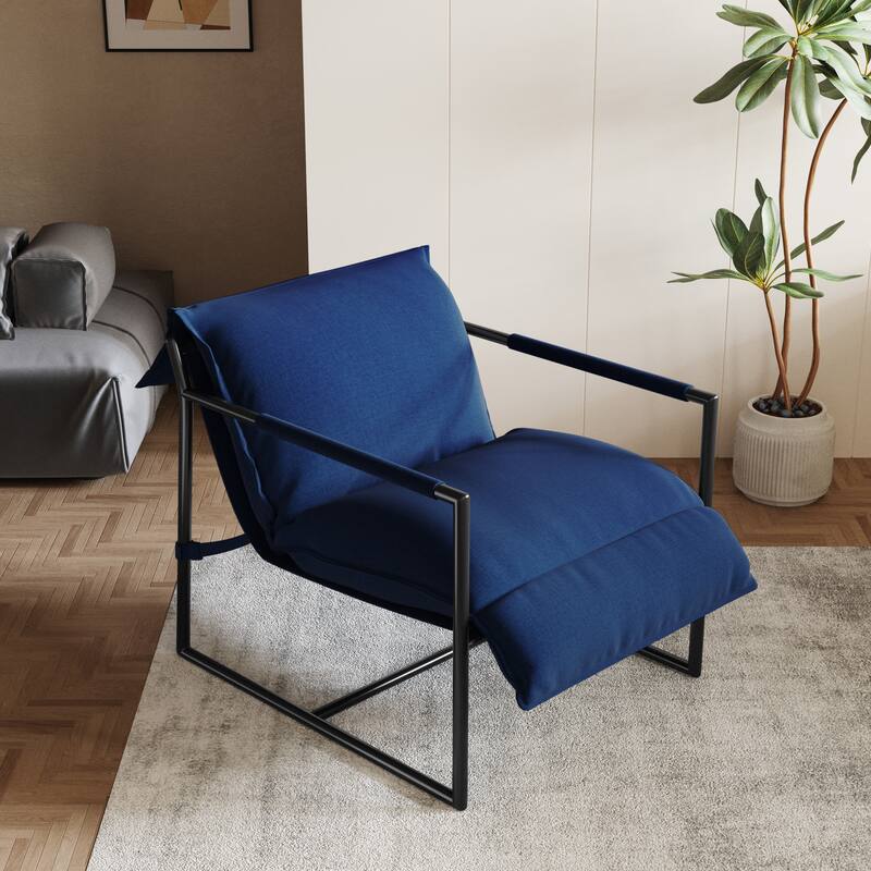 Mid-century Metal Sling Upholstered Armchair with Lengthen Upholstered - Blue