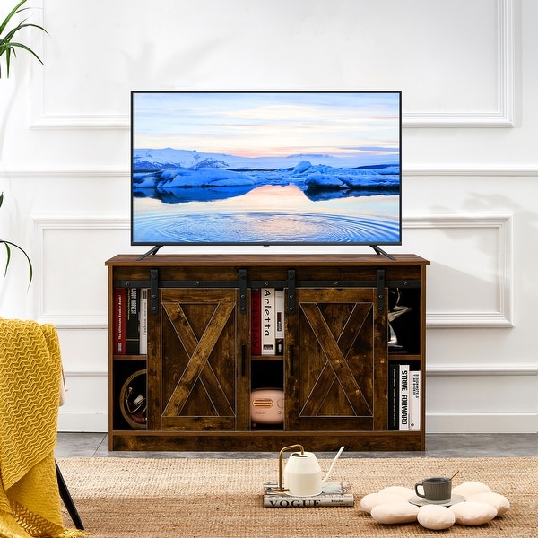 Rustic Wooden TV Stand and Storage Cabinet with Sliding Barn Doors