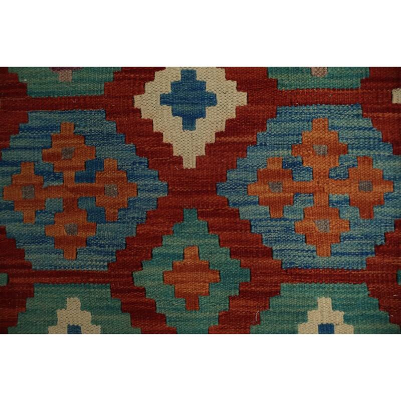 Hand Woven Oriental 100% Wool Carpet Southwestern Geometric Oranges & Rust Kilim Runner Rug - 9' 4'' X 2' 5''