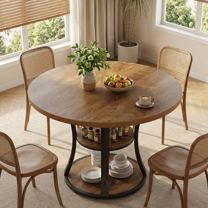 39 Inch Round Pedestal Dining Table with 2-Tier Storage Shelf - 39.37" D x 39.37" W x 29.53" H