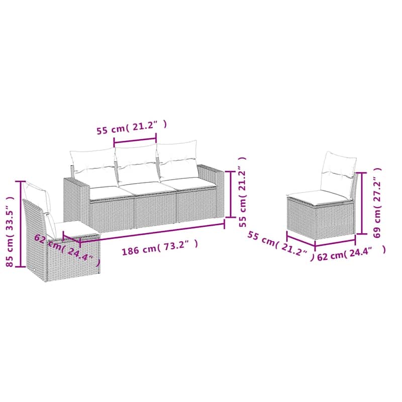 vidaXL Garden Sofa Set Black PE rattan, powder-coated steel Large - 24.4 x 25.8 x 27.2