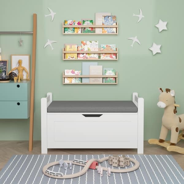slide 2 of 9, Kid Toy Box Chest, Large Storage Cabinet with Cushion Seat Bench/Flip-Top Lid/Safety Hinge for Nursery, Playroom, White White