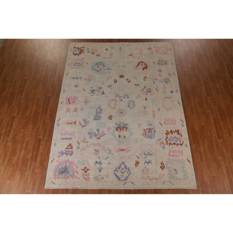 Vegetable Dye Oushak Turkish Area Rug Hand-knotted Wool Floral Carpet - 8'10"x 11'10"