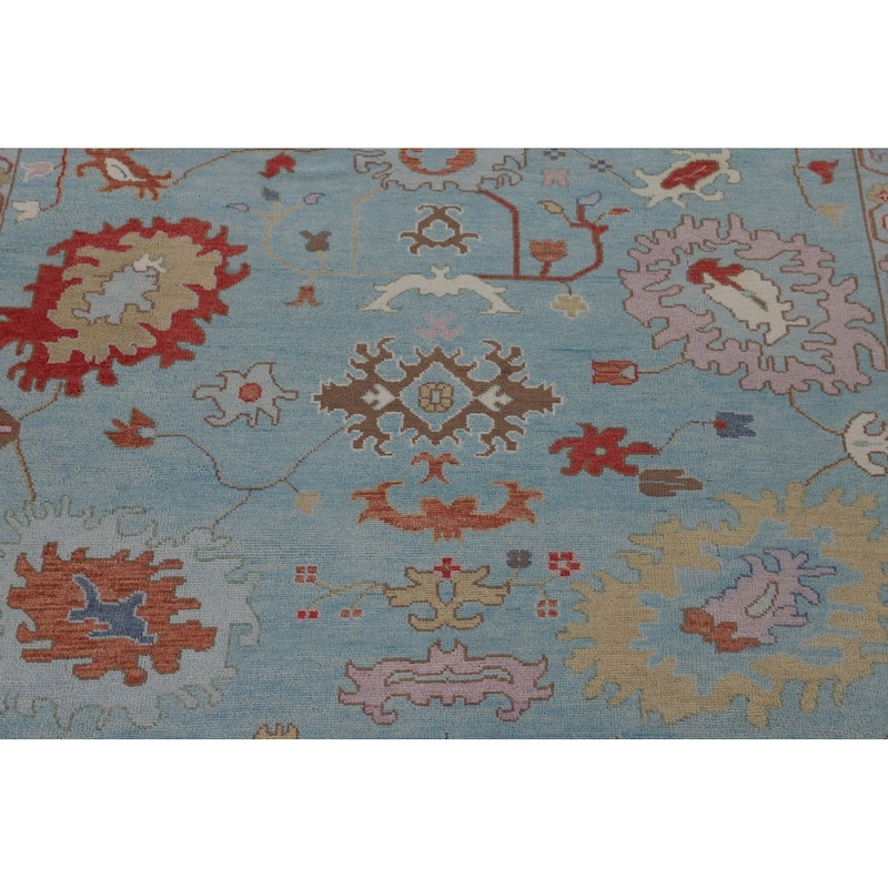 Light Blue Floral Oushak Oriental Large Rug Hand-Knotted Wool Carpet - 10'1" x 13'9"