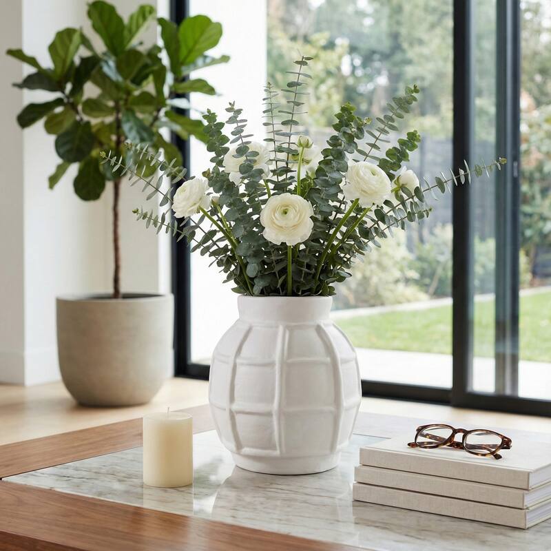 Paper Mache Raised Grid Texture Modern Vase - White, 11"
