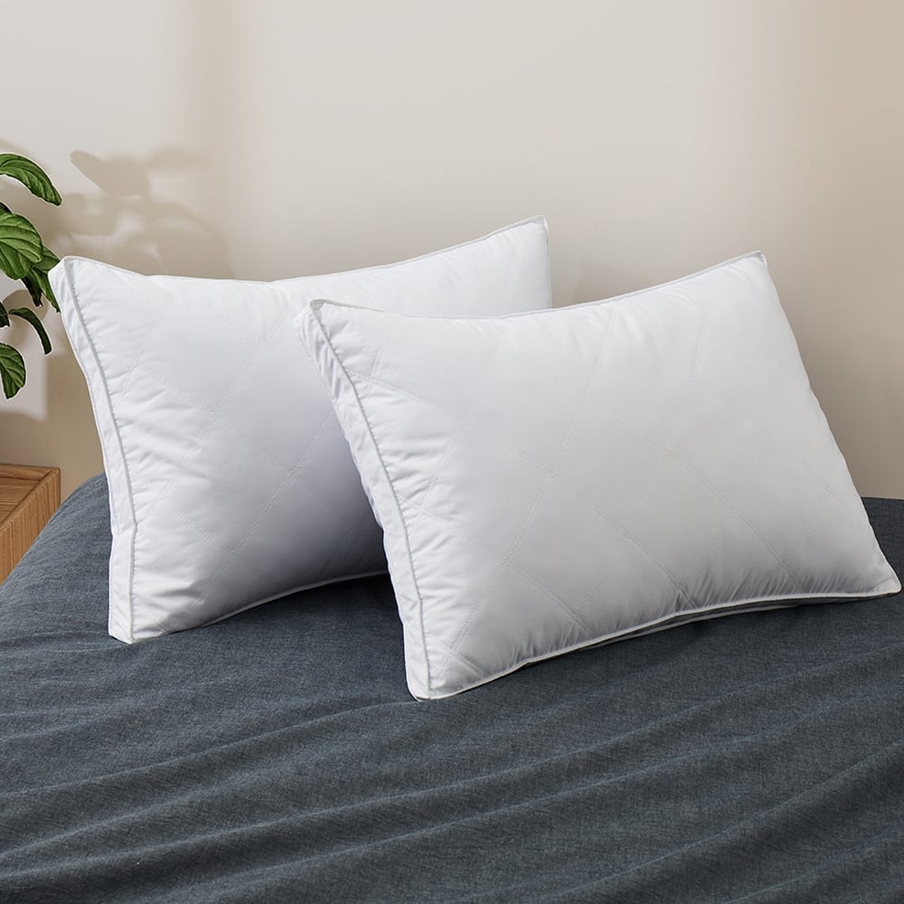 Set of 2 Premium Medium-Firm Goose Feather Down Bed Pillow with Gusset - White