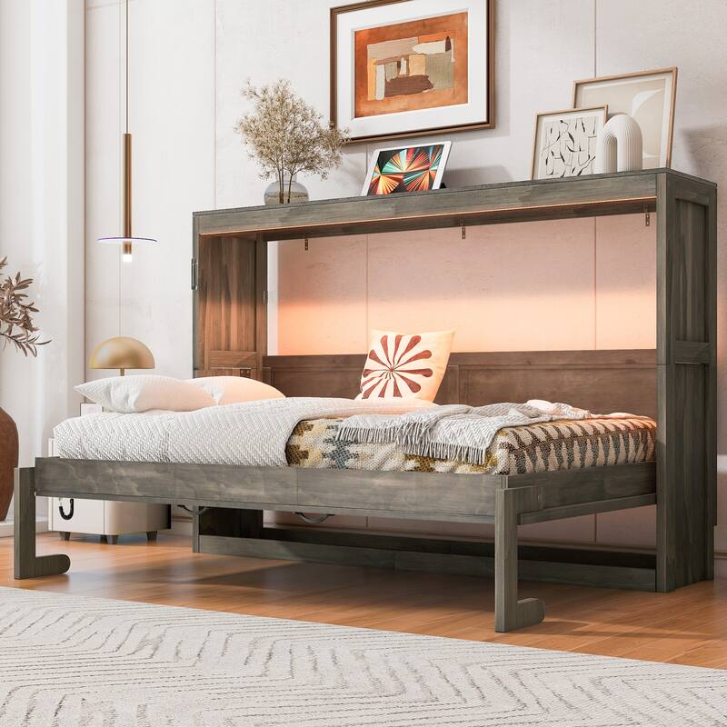 Twin Size Murphy Bed with LED Lighting - Folds into Cabinet as Space-Saving Hidden Wall Bed