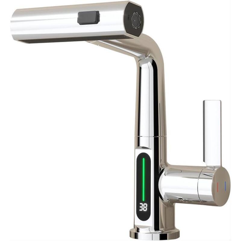 Pull-Out Lift LED Temperature Digital Display Bathroom Basin Faucet Single Handle 360 Degree Rotatable Waterfall Basin Tap - Chrome